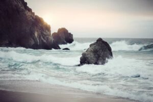 A rocky beach in winter ocean